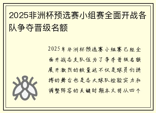 2025非洲杯预选赛小组赛全面开战各队争夺晋级名额