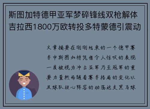 斯图加特德甲亚军梦碎锋线双枪解体吉拉西1800万欧转投多特蒙德引震动
